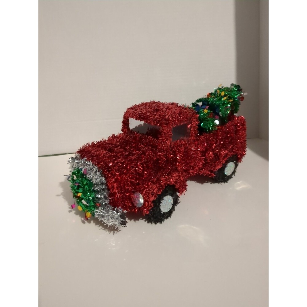 Christmas Red "Tinseled Out" Pick Up Truck Bringing Home The Tree 12"